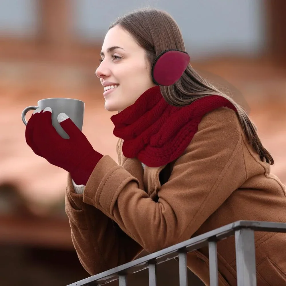 Winter 4-in-1 Set Knitted Scarf Beanie Gloves Earmuffs All-Season Warmth